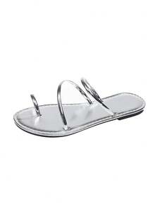 New Striped Flat Thong Sandals With Metal Thin Straps And Back Strap, Casual Daily Commute Vacation Travel Flat Thong Sandals - Silver - View 5