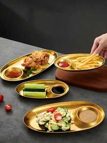 Stainless Steel Gold Oval Fried Chicken Plate With Compartments For Dipping Sauce, Appetizers, Snacks, Veggies, Chips, 2-Compartment Tray, Suitable For Home And Outdoor Camping - Multicolor - View 7