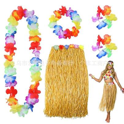 热带夏威夷风情套装，5件套草裙花环，适合海滩派对、节日庆典等场合，沙滩服装套装，夏季配饰