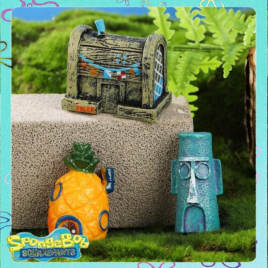 SpongeBob SquarePants 1个菠萝屋卡通鱼缸装饰品，树脂菠萝屋水族箱装饰，洞穴桶景观设计鱼缸配件，适合节日派对氛围装饰