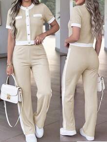 Conjunto casual de 2 piezas para mujer primavera/verano, diseño de bolsillo falso con botones de color contrastante, cuello redondo, manga corta y pantalones de cintura alta con ajuste relajado, elegante - Albaricoque 71 + Blanco - Ver 5