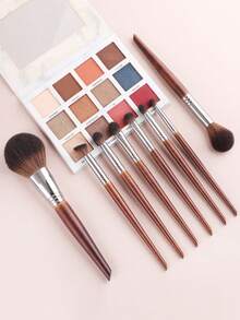 8pcs Wooden Handle Makeup Brush Set, Large Powder Brush + Blush Brush + Angled Eyeshadow Brush + Detail Eyeshadow Brush, Soft Hair Makeup Brush Kit - Redwood - View 3