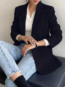 1件装女士时尚百搭通勤休闲宽松纯色口袋翻领轻薄西装外套，适合春夏穿着 - 寶藍色 - 查看 3