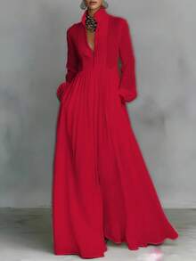Elegant French-Style Dress For Women, Fitted, Long-Sleeved, Plain Emerald Green, High Neck And Raglan Sleeves, Ideal For Vacation - 紅色 - 查看 12