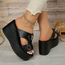 Sandalias de cuña con plataforma de verano para mujer, con decoración de rhinestones, diseño de correa con hebilla, ligeras y cómodas para primavera/verano, playa y vacaciones - Negro - Ver 4