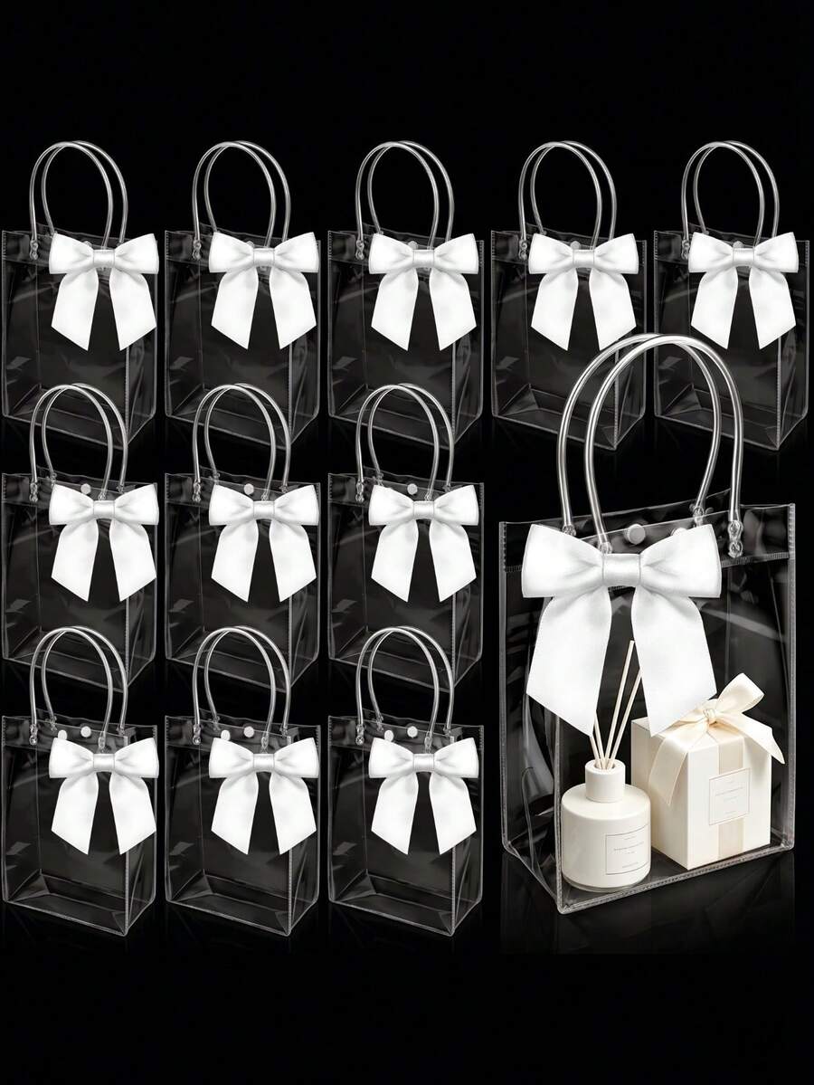 12 túi quà PVC trong suốt kèm ruy băng satin trắng, túi tote trong suốt có thể tái sử dụng, thích hợp cho đám cưới, sinh nhật, tiệc mừng em bé, tiệc cô dâu, tiệc tốt nghiệp (chống thấm nước)