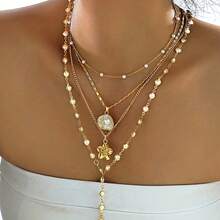 4pcs New Fashionable Bohemian Shell  & Faux Pearl Flower Y Tassel Pendant Necklace,Suitable For Daily Wear ,Beach Vacation,Party,Jewelry Decoration - 金色 - 查看 1
