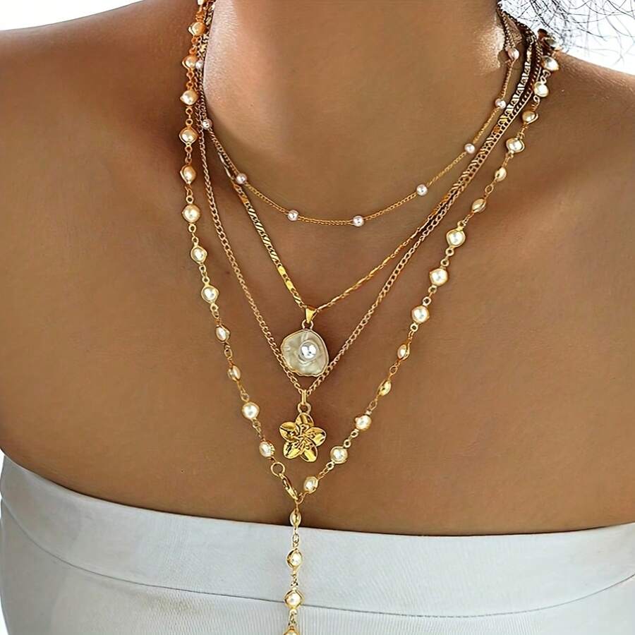 4pcs New Fashionable Bohemian Shell  & Faux Pearl Flower Y Tassel Pendant Necklace,Suitable For Daily Wear ,Beach Vacation,Party,Jewelry Decoration - 金色 - 查看 1