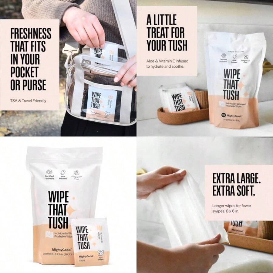 On-The-Go Flushable Wipes - 1 Pack Of 30 Individually Wrapped Wipes - Fragrance Free - Extra Large And Soft - Hypoallergenic With Aloe And Vitamin E - Septic- - 新鮮的 - 查看 1