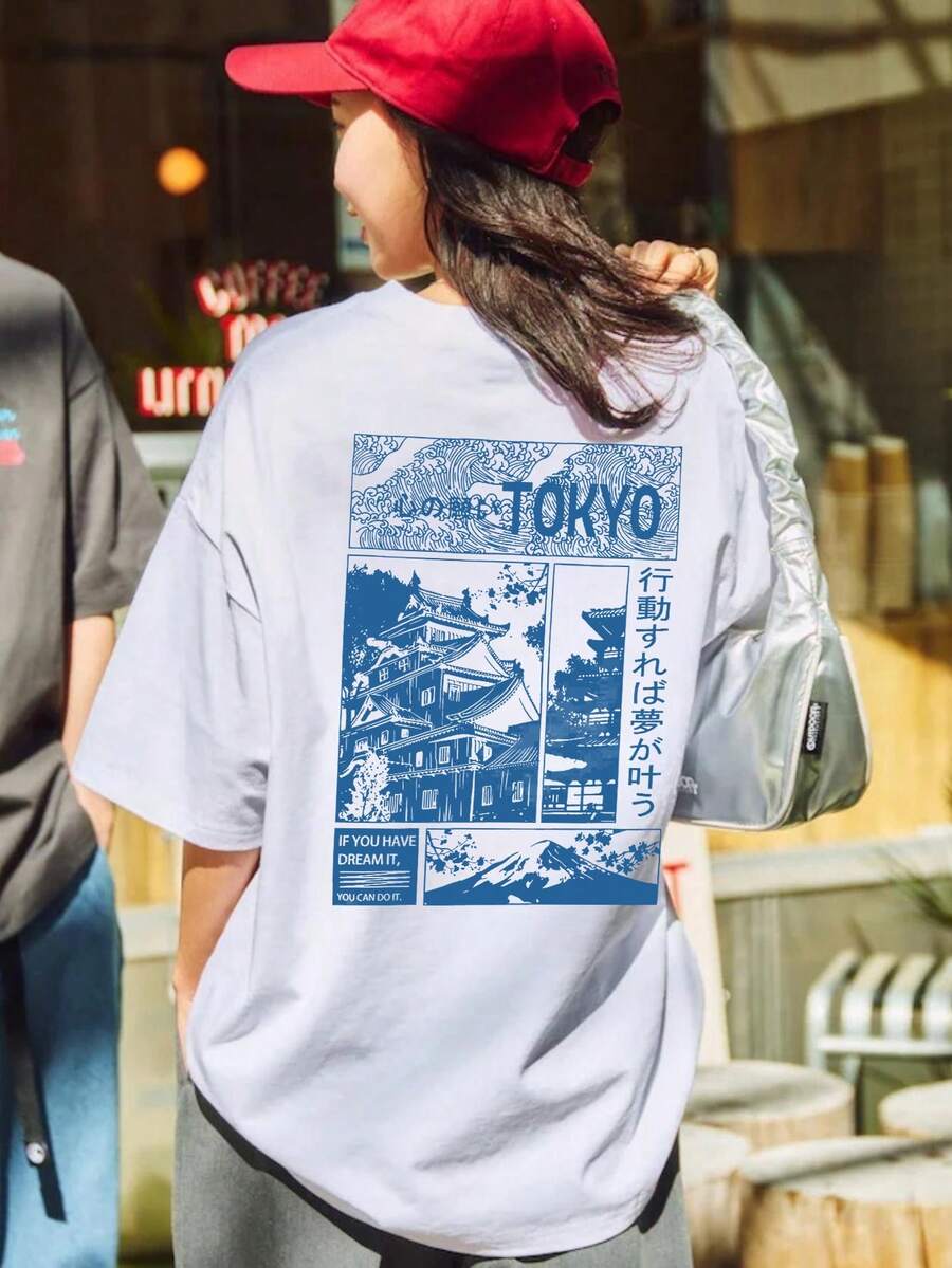 “东京日本”城堡波浪女式T恤，常规版型复古日系美学图案T恤，舒适蓝色艺术短袖上衣，独特圆领街头风休闲Pinterest风格服装，白色夏季休闲装