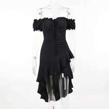 Summer Black A-LINE Dress Women Streetwear Off Shoulder Short Sleeves Ruffled Mid Length Dresses Club Elegant Partywear - 黑色 - 查看 1