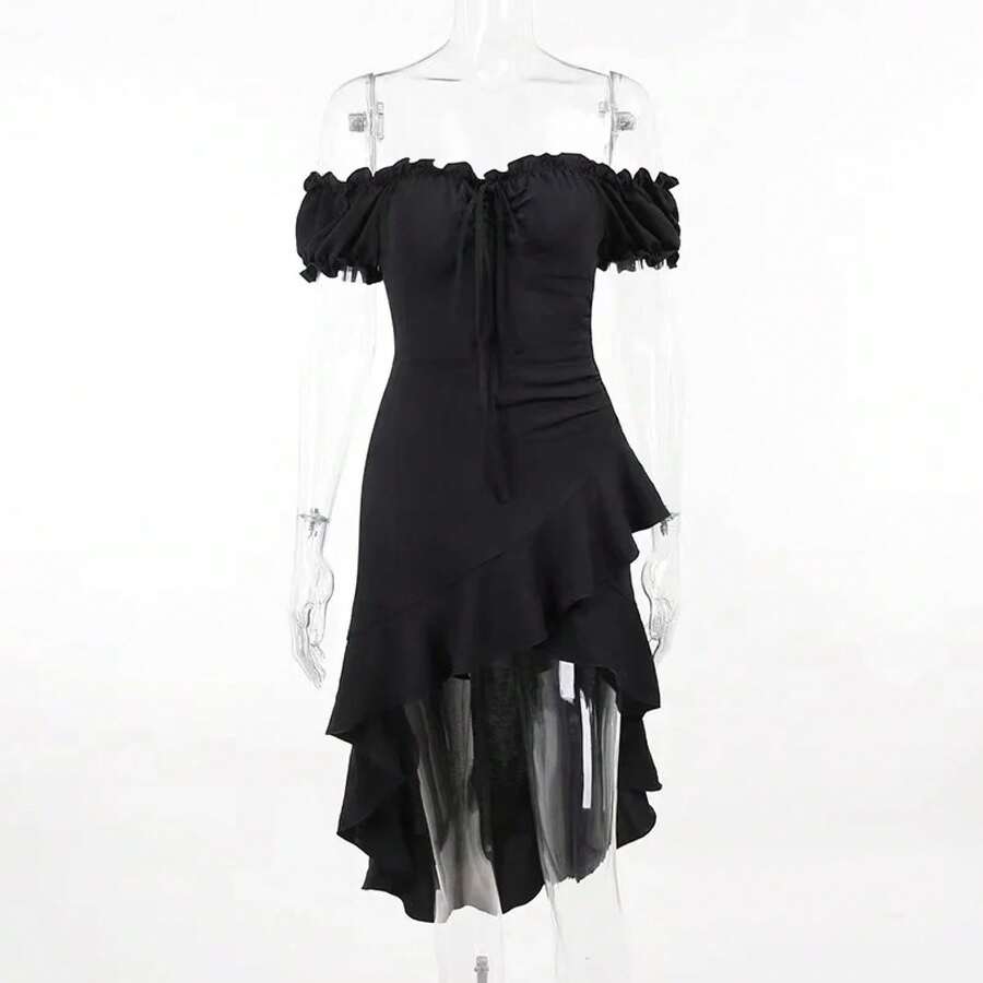 Summer Black A-LINE Dress Women Streetwear Off Shoulder Short Sleeves Ruffled Mid Length Dresses Club Elegant Partywear - 黑色 - 查看 1