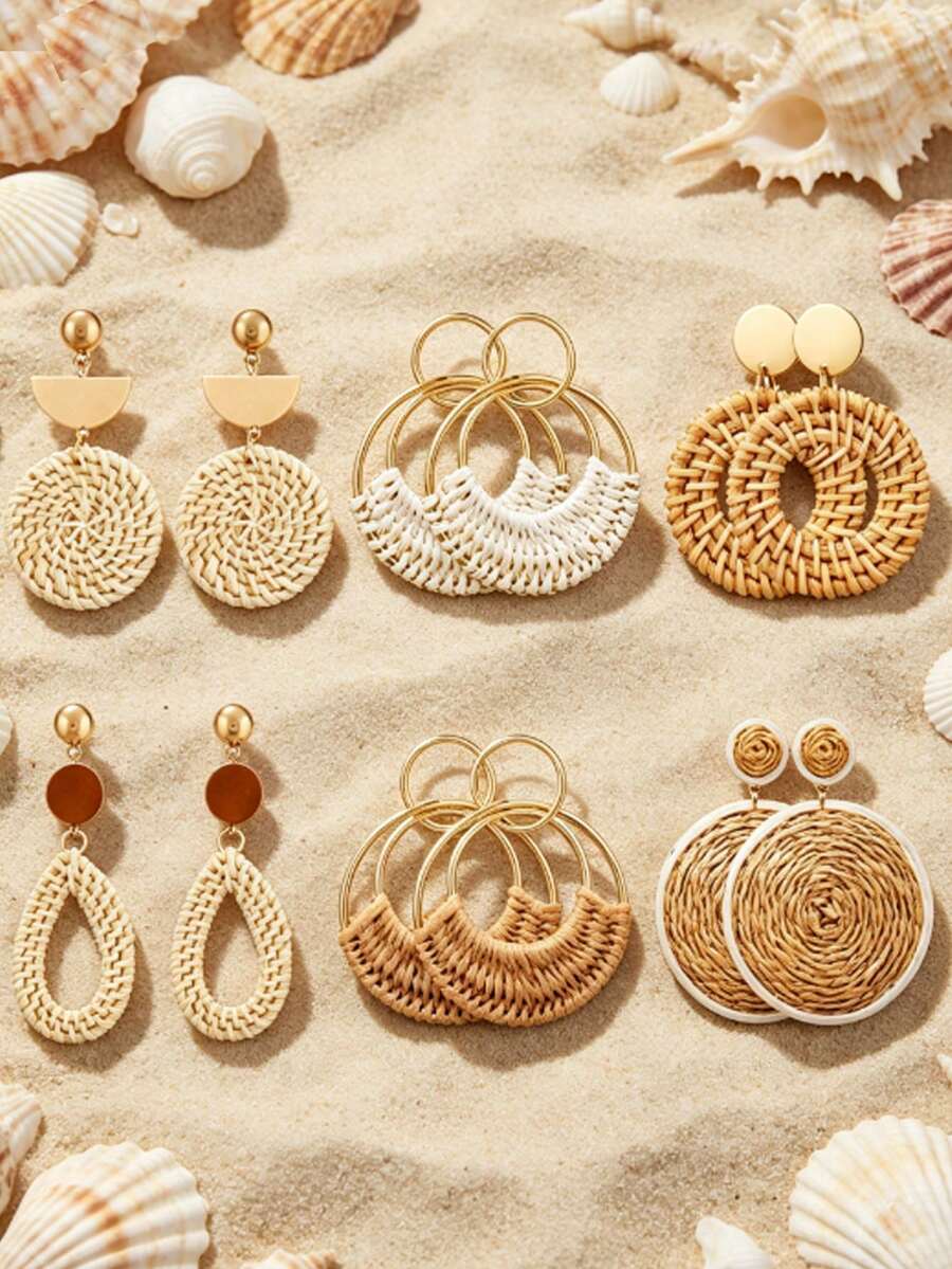 Xiacheng 2/3/6 Pairs Women's Woven Rattan Raffia Earrings Set, Bohemian Style Summer Beach Vacation Party Jewelry, Lightweight Pendant Suitable For Daily Wear - Multicolor - View 1