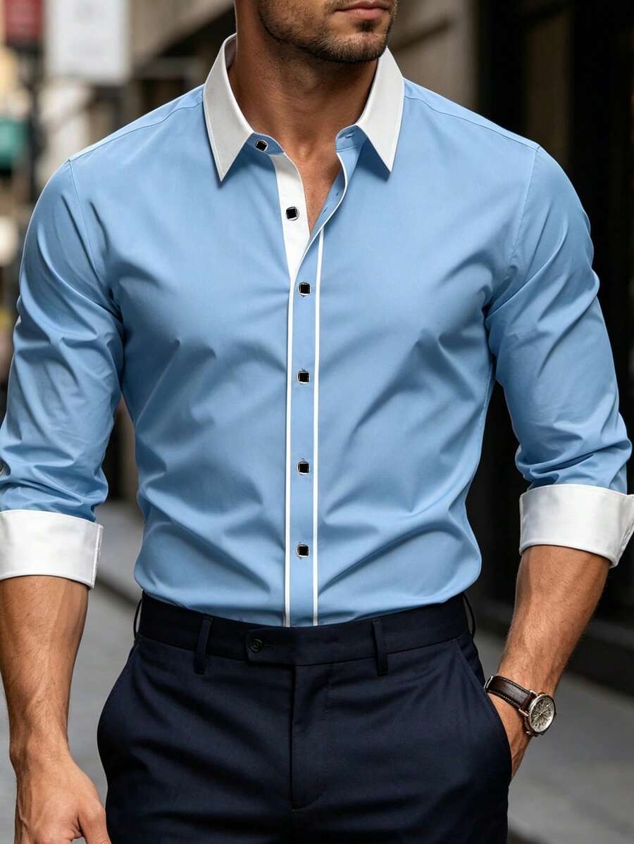 2026 春季男士修身长袖衬衫，浅蓝色撞色白色领子配银色饰边，商务/休闲皆宜