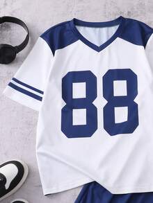 2pcs/Set Teen Boys Summer Short Sleeve T-Shirt And Shorts, Casual Style White & Blue Set, V-Neck Mesh T-Shirt With 88 Number Print & Striped Sleeve, Matching Navy Shorts, Loose Fit Quick-Dry Breathable Fabric, Suitable For Daily Commute, Outing, Weekend Travel, Stylish Teenager Outfit - Blue - View 7