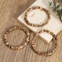 3pcs/Set Natural Coconut Shell Beaded Spacer Bracelet, New Chinese Style Zen Elastic Stacking Bangle, Unisex Versatile Accessory - Multicolor - View 4
