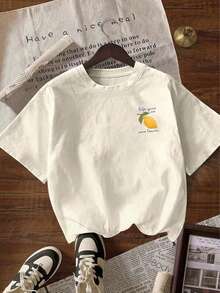 [Camiseta de Algodón] Camiseta de Manga Corta con Cuello Redondo y Estampado de Ballena y Frases de Limón para Niñas - Primavera, Verano y Otoño - Ideal para Estudiantes y Niños Pequeños - P - Albaricoque - Ver 3