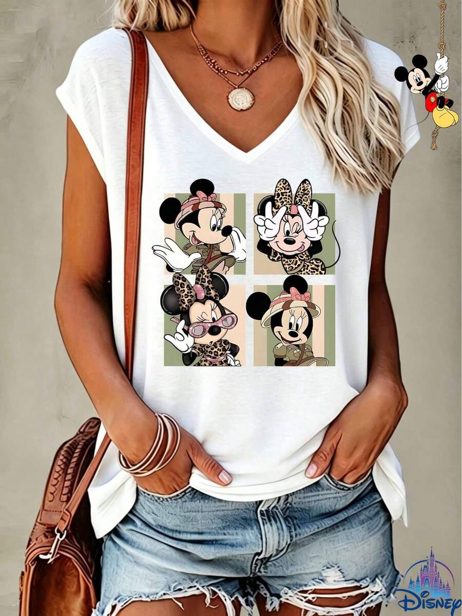 Camiseta de moda retro de cuello en V con estampado creativo de expresión linda de leopardo de viento de Minnie Mouse de Disney, regalo de vacaciones - Blanco - Ver 1