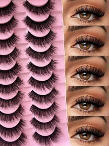 10 Pairs (MZ07) New Natural Fiber Complete False Eyelashes, Lightweight Curly Soft Stem Design To Reduce Eye Fatigue, Reusable, Essential For Women - Complete False Eyelashes, False Eyelashes, Eyelashes - Black - View 1