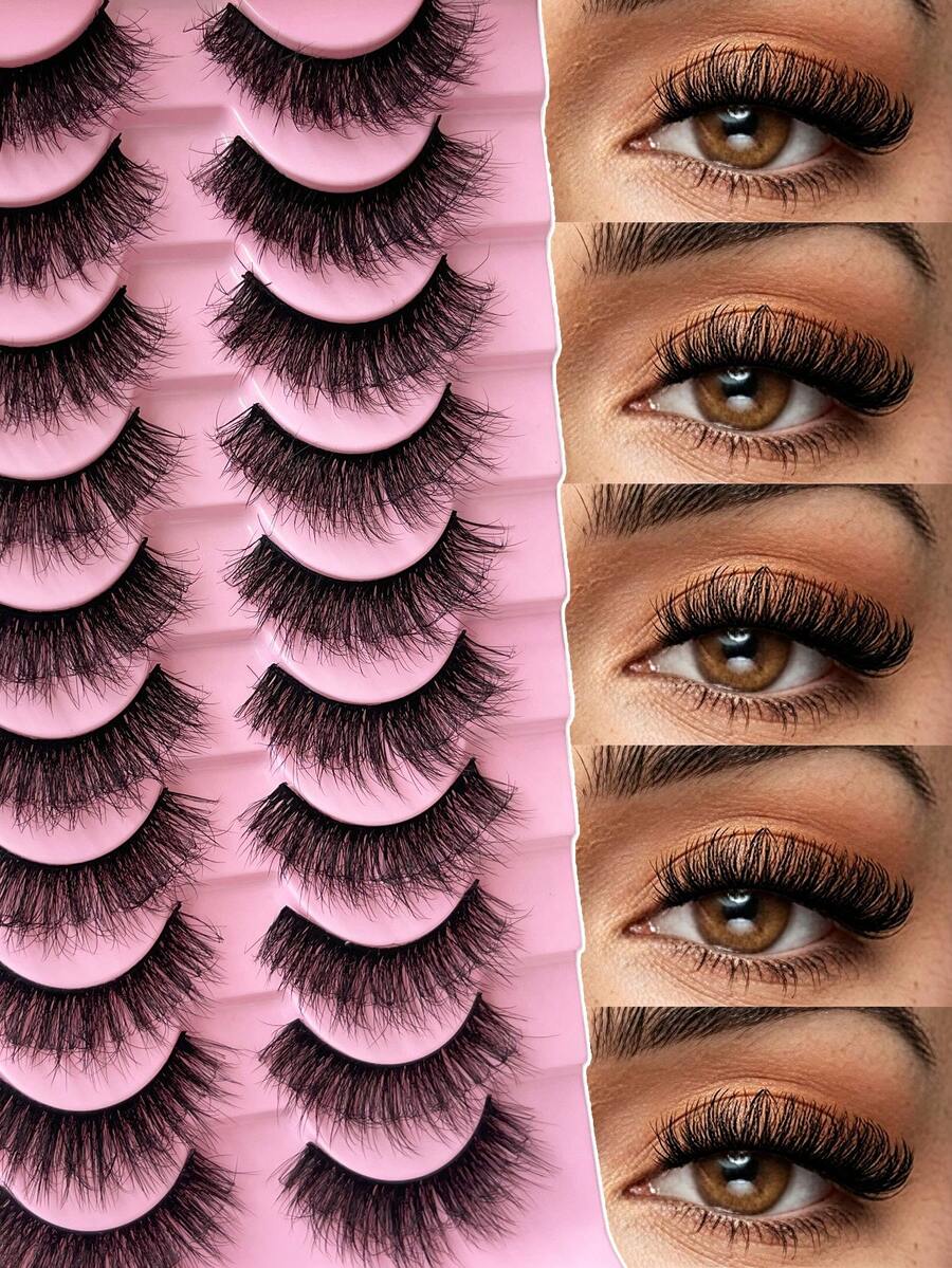 10 Pairs (MZ07) New Natural Fiber Complete False Eyelashes, Lightweight Curly Soft Stem Design To Reduce Eye Fatigue, Reusable, Essential For Women - Complete False Eyelashes, False Eyelashes, Eyelashes - Black - View 1