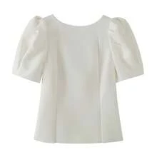 Women's Casual Blouse With Puff Sleeves, Round Neck, Solid Color, Split Hem, New Summer Fashion Elegant Apparel White - White - View 10