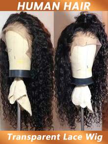 黑色卷曲无胶蕾丝前假发 13x4 长水波纹蕾丝假发，带婴儿发，预先拔毛，180% 密度，透明蕾丝前额波浪假发，女士款 - Natural Black - 查看 6