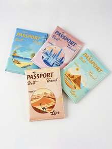 1Pc Cute Cartoon Passport Card Holder Bag Mountain Camel City Scenery Large Capacity Multifunctional Simple And Fashionable Card Bag Retro And Exquisite - Multicolor - View 1