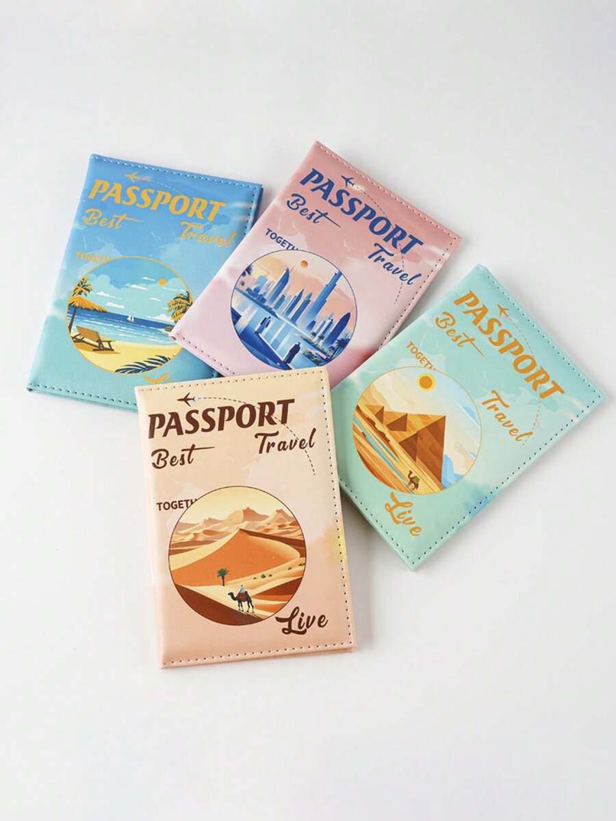 1Pc Cute Cartoon Passport Card Holder Bag Mountain Camel City Scenery Large Capacity Multifunctional Simple And Fashionable Card Bag Retro And Exquisite - Multicolor - View 1