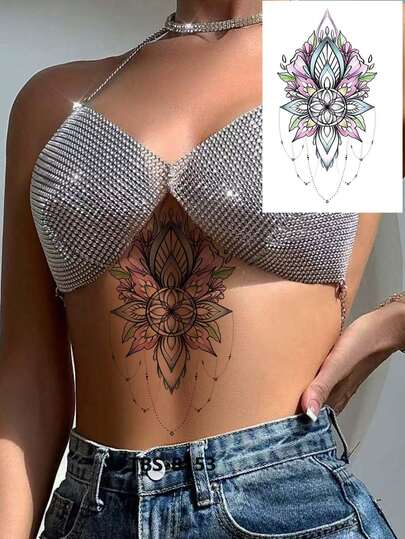 1 pieza Tatuaje temporal impermeable, diseño de flor de loto estilo henna elegante, tatuaje falso oscuro para fiestas, fácil de usar, adecuado para brazos y piernas de mujeres, dura de 7 a 14 días, esencial para fiestas y festivales de música