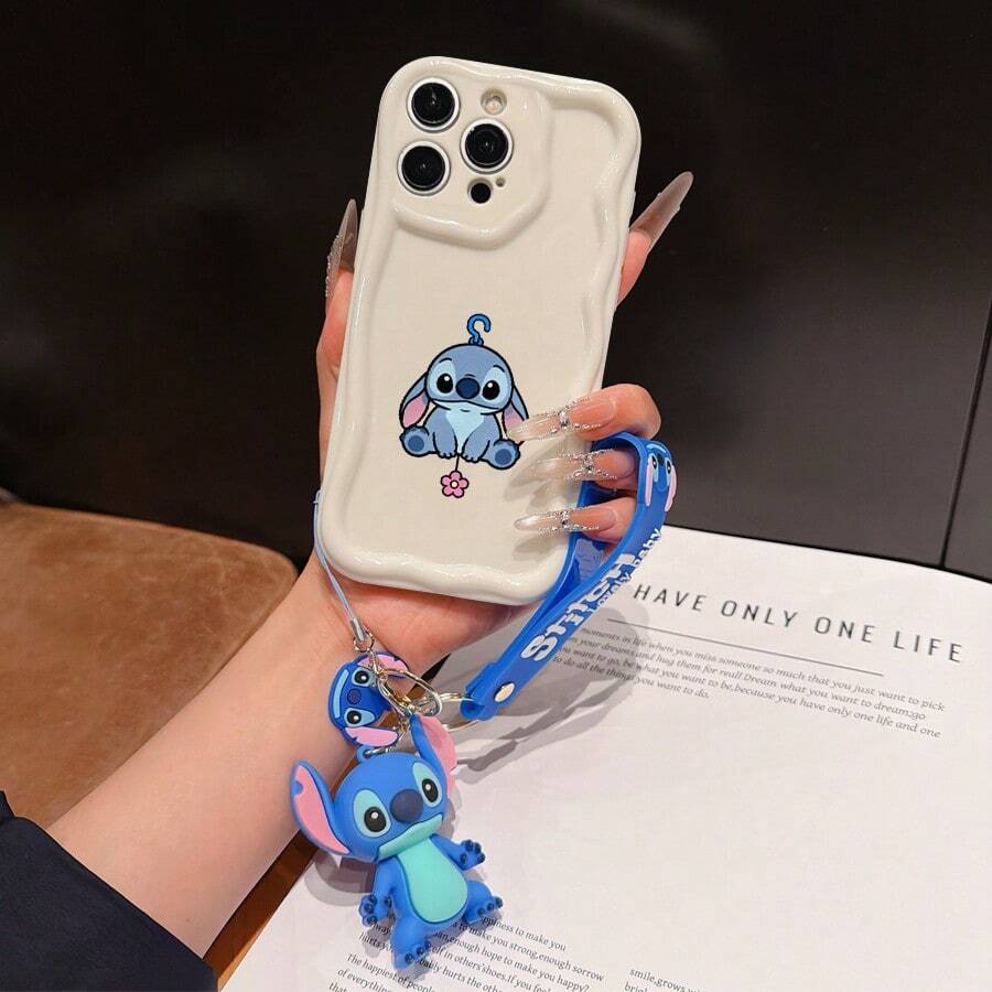 Disney Has Authorized, Phone Case - Chain Set, The Stitch Lilo & Stitch Phone Case Plus A Silicone 3D Or Fluffy Style Stitch Bracelet With Metallic Ring Removable Bracelet, Stitch And Angel Pattern, Compatible With Iphone 17/16/15/14/13/12/11/XS/XR/X Plus Pro Max, Wavy Design Phone Case For Girl, A Stylish Cartoon Summer Phone Case, The Perfect Gift Choice, Phone Protection, Durable Phone Cover, Great Gift For Friends And Family - White Style a - View 1