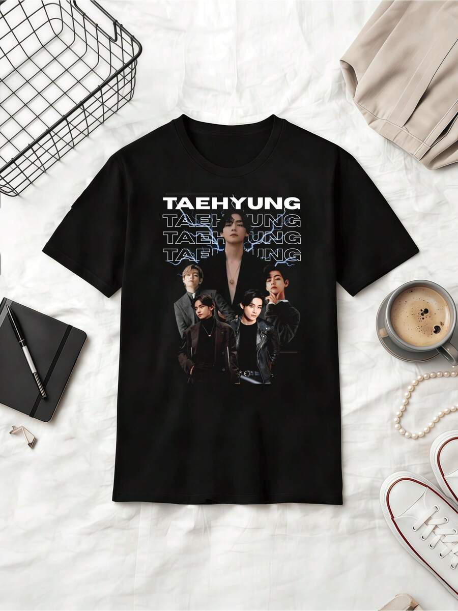 V Kim Taehyung Lightning Collage Retro Graphic Cotton Summer Short Sleeve T-Shirt - Black - View 1