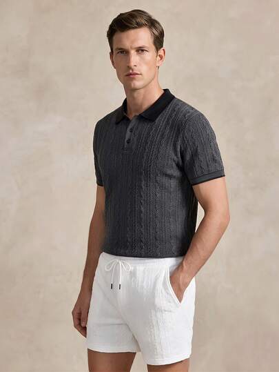 Courvante Men's Dark Grey Jacquard Polo & White Jacquard Shorts Set - Textured Knit, Breathable Fabric, Regular Fit For Office & Weekend, Men's Summer Casual Outfits/Men's Textured Knit Short Sleeve Polo Button Up Grey Top For Summer Textured Men's Jacquard 2-Piece Set - Dark Grey & White, Men's Casual Short Sleeve Polo Shirt And Shorts Set, Knitted Crochet Fabric,