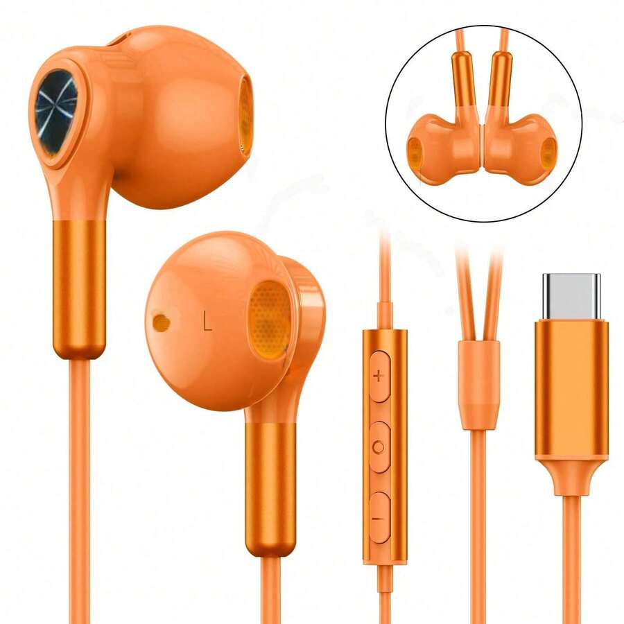 USB-C 耳機,適用於 Galaxy S24 S23 Ultra S22 S21 FE S20 A54 A53,以及 USB-C 有線耳機適用於 16 15 Pro Max Plus Pro、Pixel 8 7 6a,附麥克風與音量控制,適合卡拉OK - 橘色 - 查看 1
