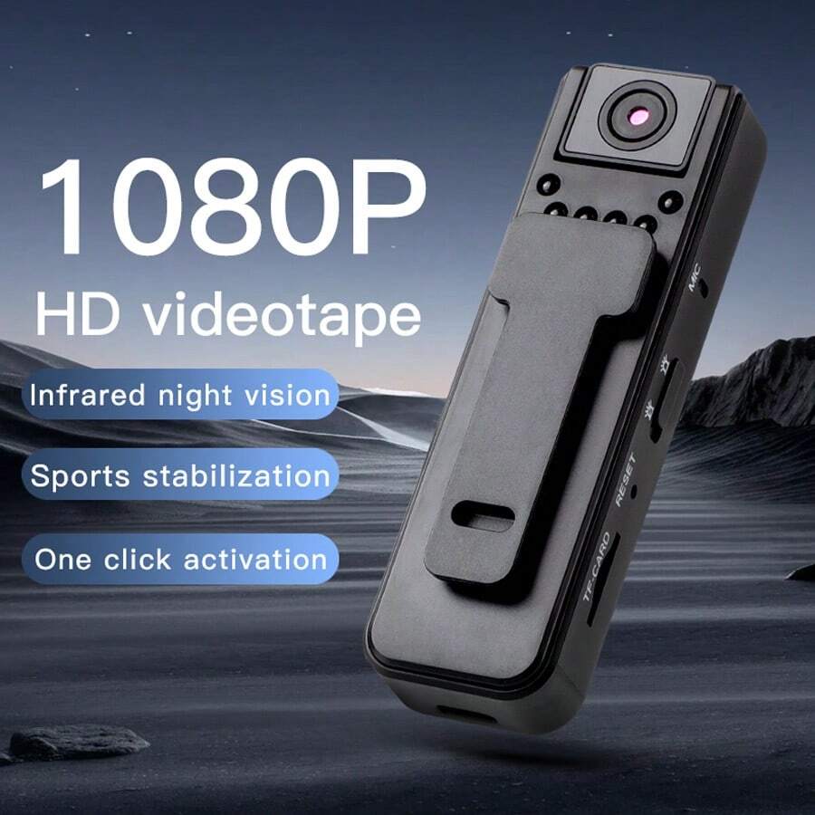 1个1080p迷你执法记录仪，1.3英寸屏幕，180°旋转镜头，可佩戴于身体，小巧便携，红外夜视，适用于自行车。