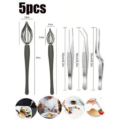5pcs/3pcs/1pc Stainless Steel Cooking Precision Hanging Spoon And Cooking Tweezers Set, Suitable For Chef's Sauce Drip Spoon For Chocolate, Cake, Coffee And Plate Decoration, As Well As Curved Tongs For Baking And Food Plating