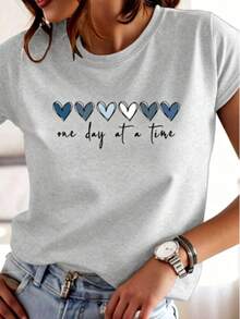 Simple Straight Tee Six Gradient Blue Grey Hearts Gentle Handwritten Text Print, Silky Skin Friendly Top For Relaxed Daily Wear - 灰色 - 查看 7