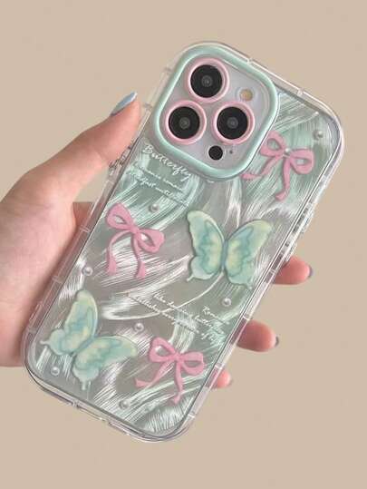 适用于 11/12/13/14/15/16/17/Pro Max 的 1 件装花卉蝴蝶图案羽毛绒面软壳保护套