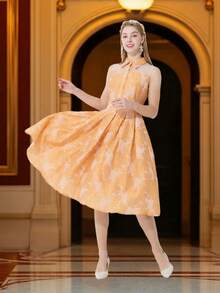 DEVCHATA Đầm midi không tay cổ sơ mi dệt jacquard thanh lịch, kiểu dáng cổ điển với phần chân váy xòe rộng, thích hợp cho các buổi tiệc, dạ hội và các dịp khác. - trái cam - Xem 7
