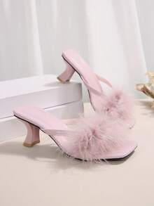 Sandal Hak Tinggi Stiletto Berwarna-warni dengan Hiasan Bulu Kasual untuk Wanita - Berwarna merah muda - View 2
