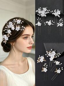 5pcs/Set Handmade Leaf & Flower Hair Clips Set, Elegant Accessories For Girls, Suitable For Weddings, Parties, Birthdays, Cosplay, Formal Events - Multicolor - View 1
