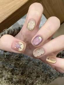 30 Pieces Of Short-Style European-Style Elegant White Cat-Eye Brown Polka Dot Gradually Changing To Purple Star Push-On Reusable Artificial Nails, Accompanied By 1 Piece Of Jelly Glue And 1 Stick. 30 Pieces Of Multi-Sized Options Available: The Complete Set Contains 30 Pieces Of Nails Of Different Sizes - Multicolor - View 8