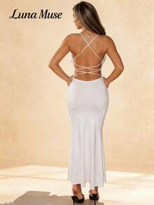 Luna Muse Women's Spring/Summer New White Collar Spaghetti Strap Maxi Dress, Pure Desire Style Pleated Waist Fitted Long Dress, Sexy Chic Elegant Evening Gown, High-End Graceful, Suitable For Daily, Casual, Party, Holiday, Date, Party, Valentine's Day, Wedding, Gala, Music Festival, Beach Style, Celebrity Style - White - View 2