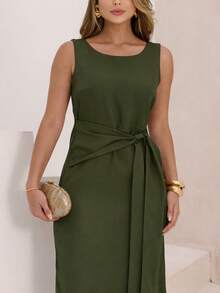 Dress With A Sophisticated Drape And A Front Knot. - Army Green - View 4