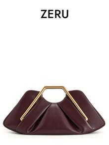 新款柔软皮革手提包，独特云朵形褶皱晚宴包，高端女士斜挎腋下包 - 酒紅色 - 查看 1