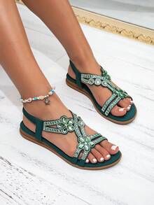 Women's Rhinestone Flat Sandals, Bohemian Style Elastic Band Open Toe, Summer Beach Vacation Shoes - Green - View 3