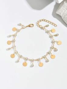 1pc Fashionable Minimalist Round Disc Glass Rhinestone Tassel Anklet, Suitable For Daily, Beach, Holiday Wear, Birthday, Holiday Gift - Gold - View 3