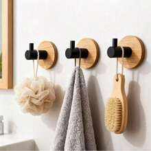 Mini Wall Hook With Wooden Bamboo Base, Black Self-Adhesive Wall Towel Hook For Home Decor, Apartment Essential For Bathroom Kitchen Home, Decorative Heavy Duty Practical Hook, L-Shaped, Bathroom And Bedroom Accessories, Wall Art Bag And Key Rack - Multicolor - View 12