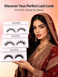 Dubai Fashion 3D False Eyelashes, 3 Styles Fluffy Wispy Lashes Set, Reusable Dramatic Strip Lashes For Women - Black - View 7