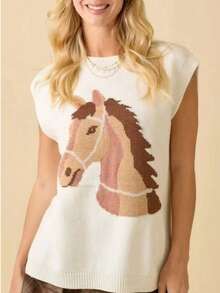 Cartoon Contrast Color Horse Pattern Sleeveless Knit Tank Top For Women White - White - View 5
