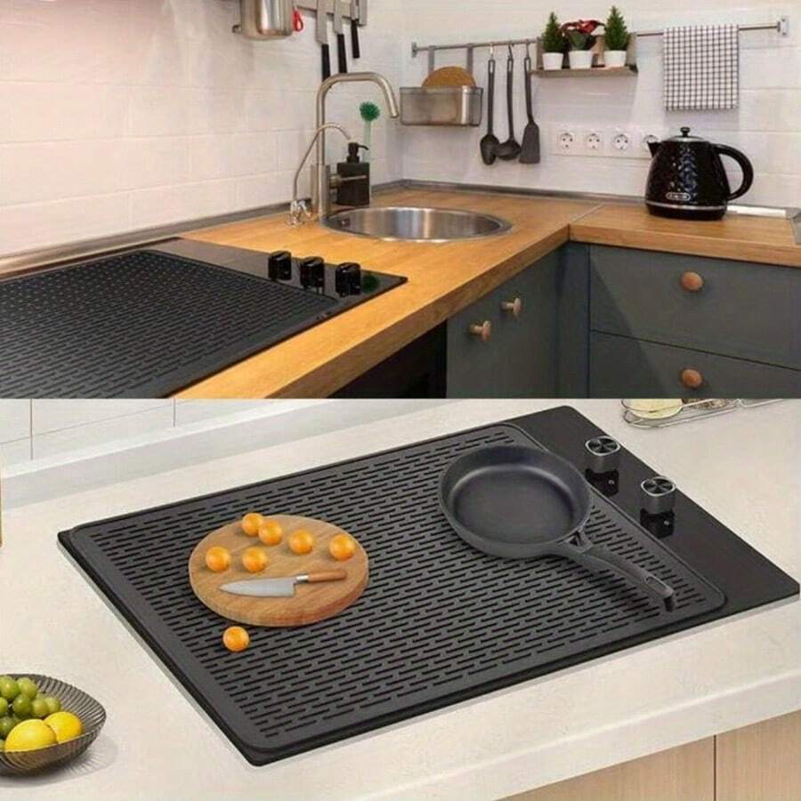 SUNTY Heat-Resistant Silicone Stove Top Protector Mat, Electric Glass Cooktop Cover Stove Mat, Multi-Use Heat Resistant Mat For Air Fryer, Coffee Maker And Kitchen Utensils, Durable Non-Slip Countertop Protector For Home Kitchen Organization - Black and White - View 1